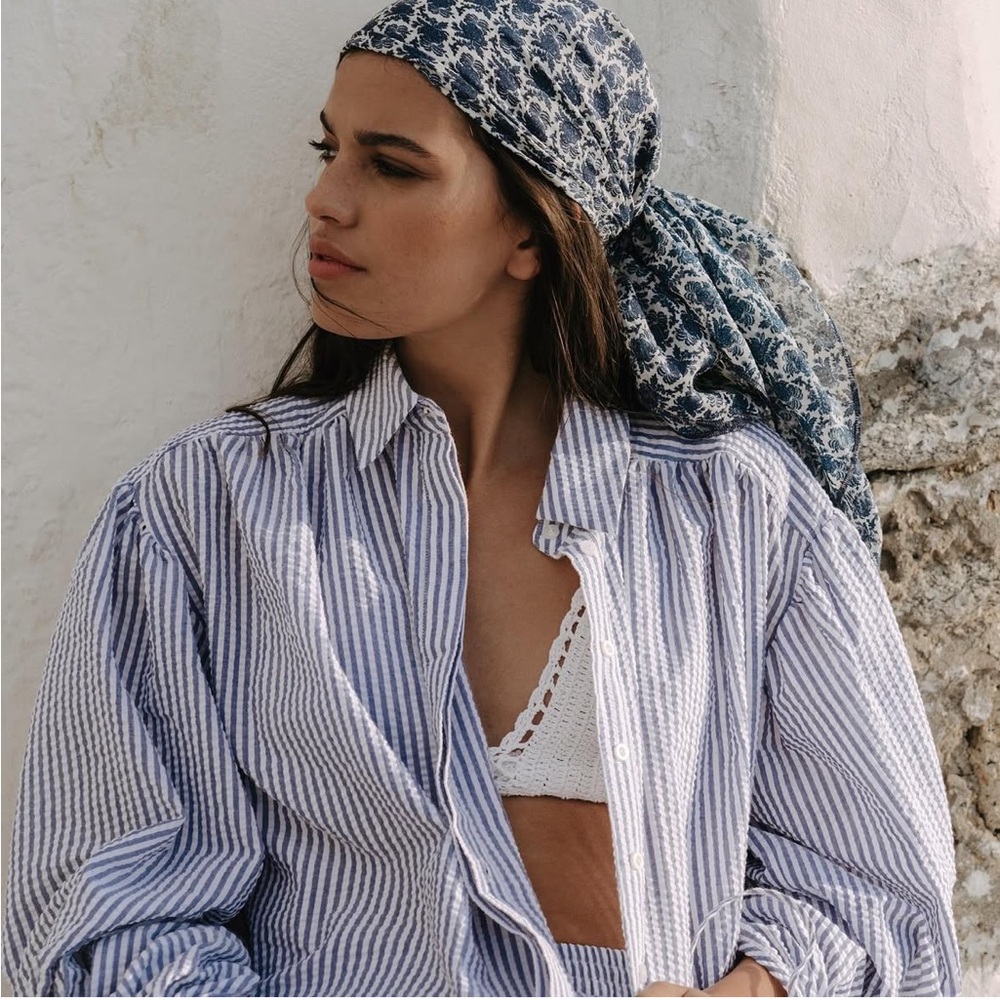 Shona Joy Roberta oversized tie cuff balloon sleeve top in blue and white stripe - Picture 9 of 10